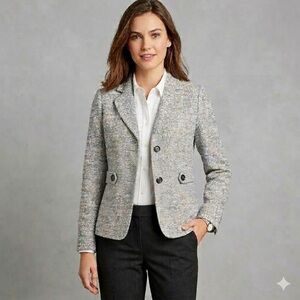 Talbots Boucle Tweed Blazer Size 14 P Gray Classic Mature Preppy French